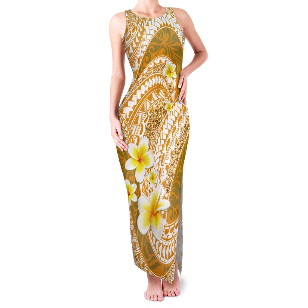 Plumeria Polynesian Gold Glitter Pattern Tank Maxi Dress LT01 Women Gold - Polynesian Pride