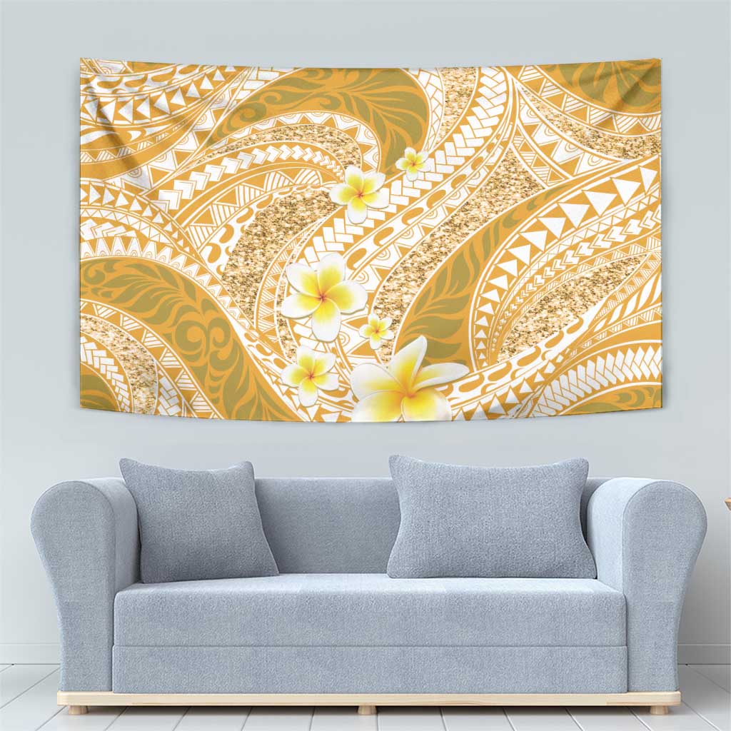 Plumeria Polynesian Gold Glitter Pattern Tapestry