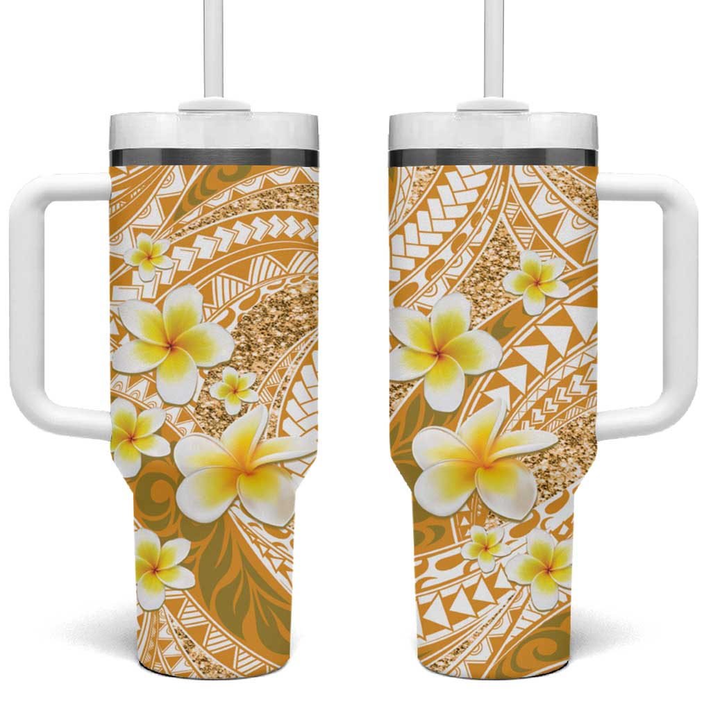 Plumeria Polynesian Gold Glitter Pattern Tumbler With Handle LT01 One Size: 40 oz Gold - Polynesian Pride