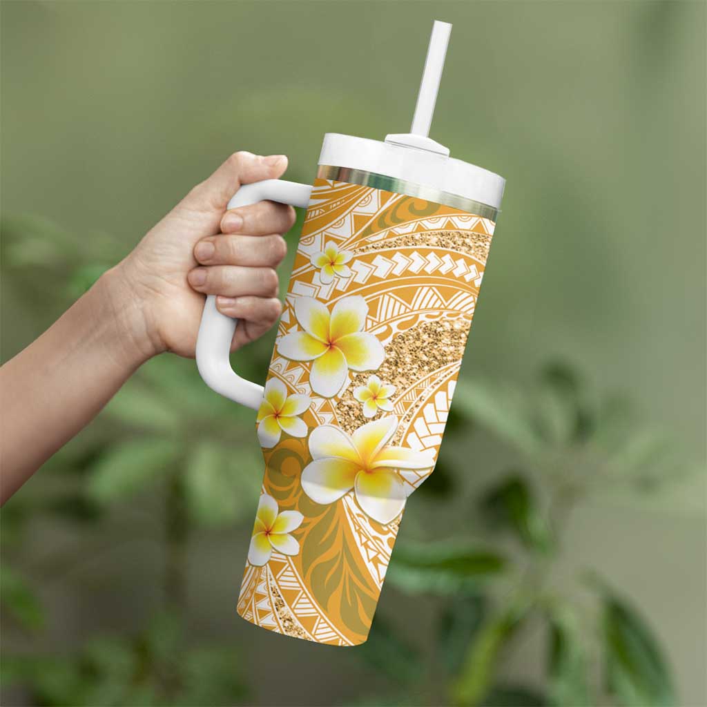 Plumeria Polynesian Gold Glitter Pattern Tumbler With Handle LT01 - Polynesian Pride