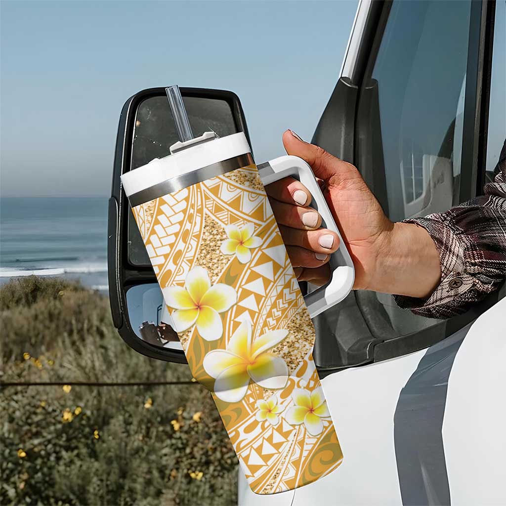 Plumeria Polynesian Gold Glitter Pattern Tumbler With Handle LT01 - Polynesian Pride
