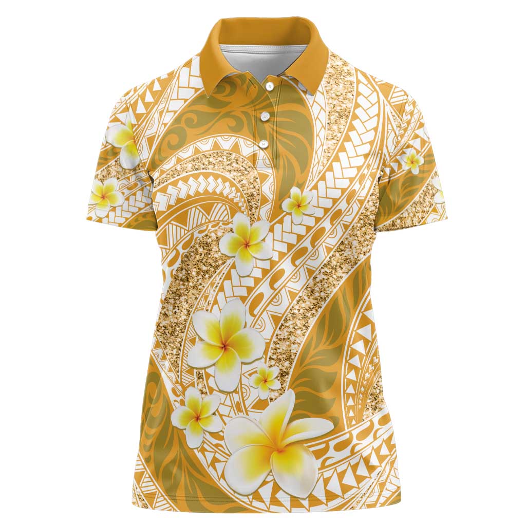 Plumeria Polynesian Gold Glitter Pattern Women Polo Shirt