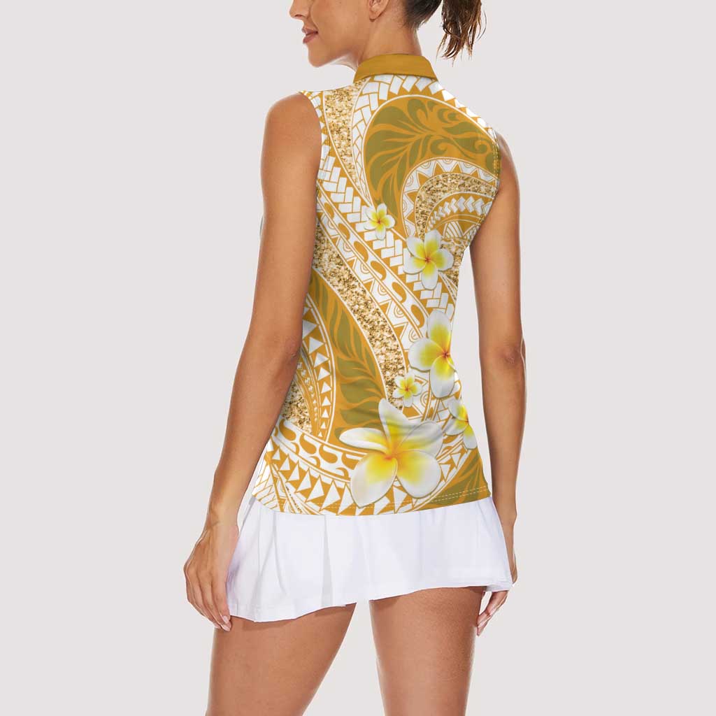 Plumeria Polynesian Gold Glitter Pattern Women Sleeveless Polo Shirt
