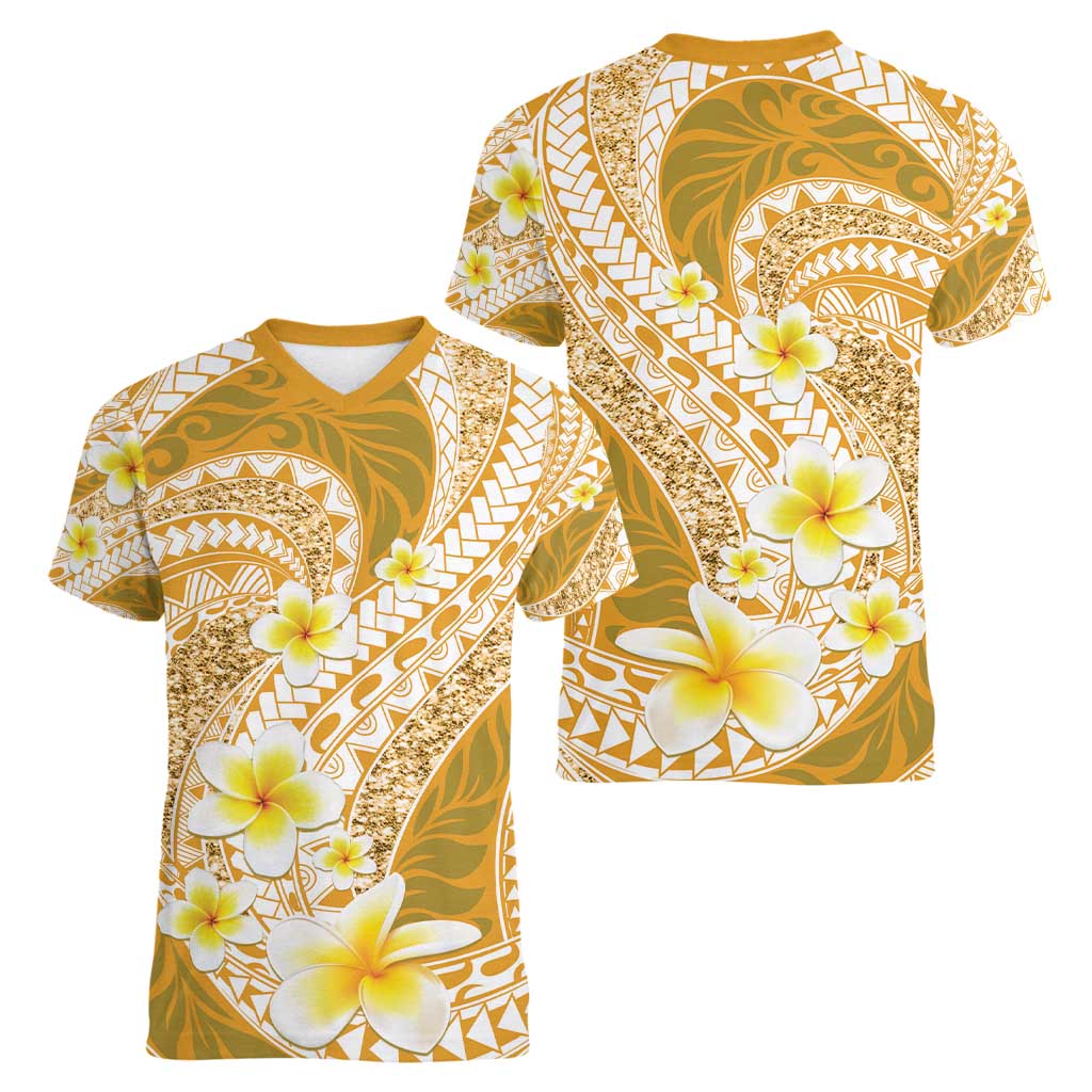 Plumeria Polynesian Gold Glitter Pattern Women V-Neck T-Shirt LT01 - Polynesian Pride