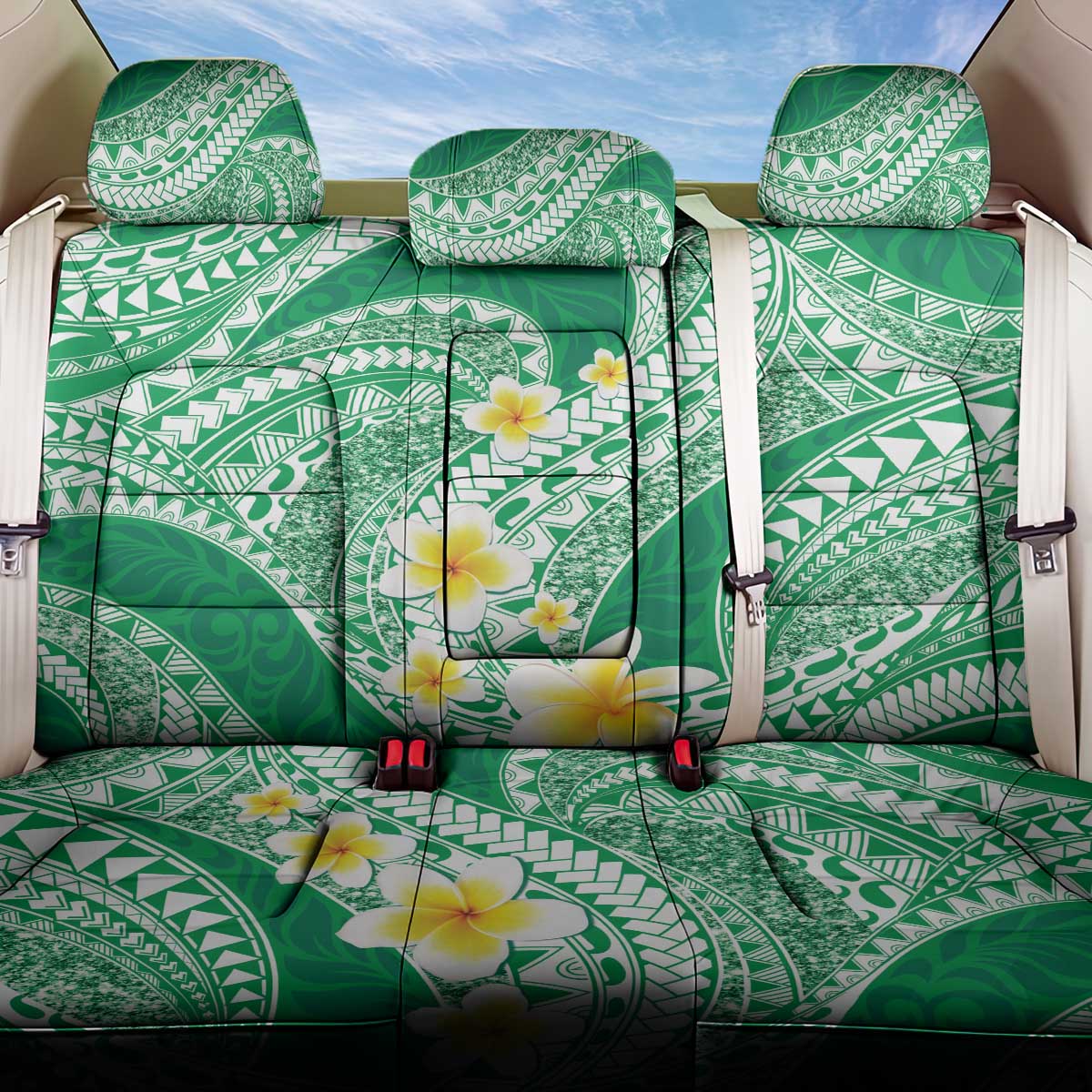 Plumeria Polynesian Green Glitter Pattern Back Car Seat Cover