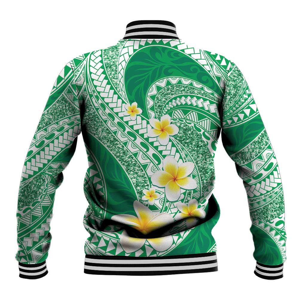 Plumeria Polynesian Green Glitter Pattern Baseball Jacket LT01 - Polynesian Pride