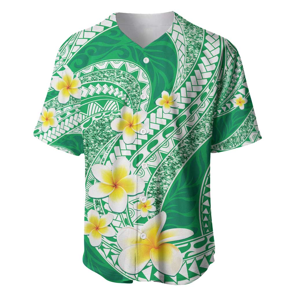 Plumeria Polynesian Green Glitter Pattern Baseball Jersey
