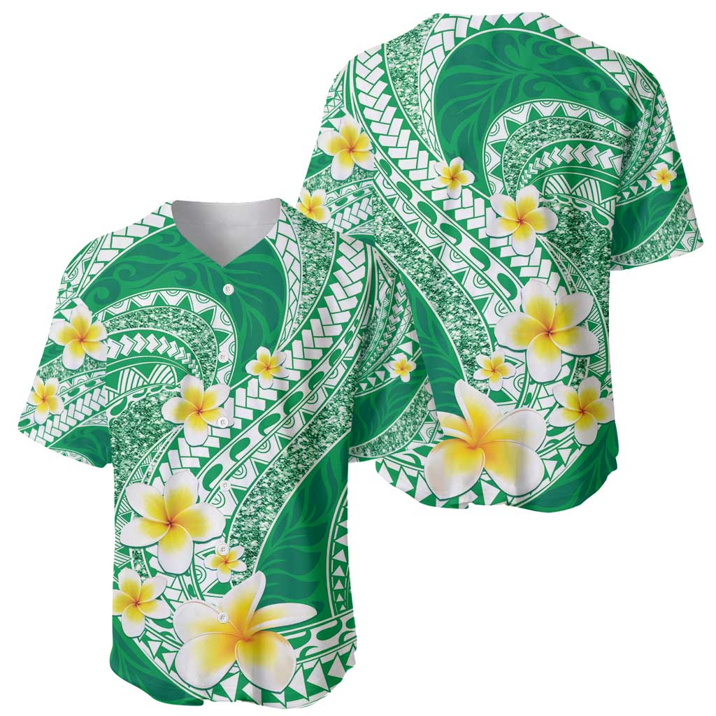 Plumeria Polynesian Green Glitter Pattern Baseball Jersey
