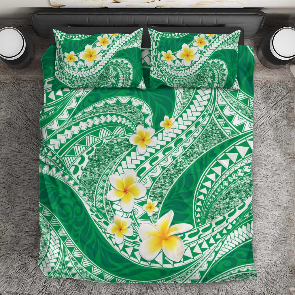 Plumeria Polynesian Green Glitter Pattern Bedding Set