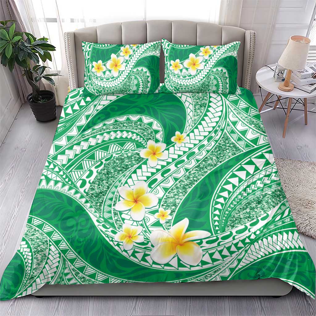 Plumeria Polynesian Green Glitter Pattern Bedding Set