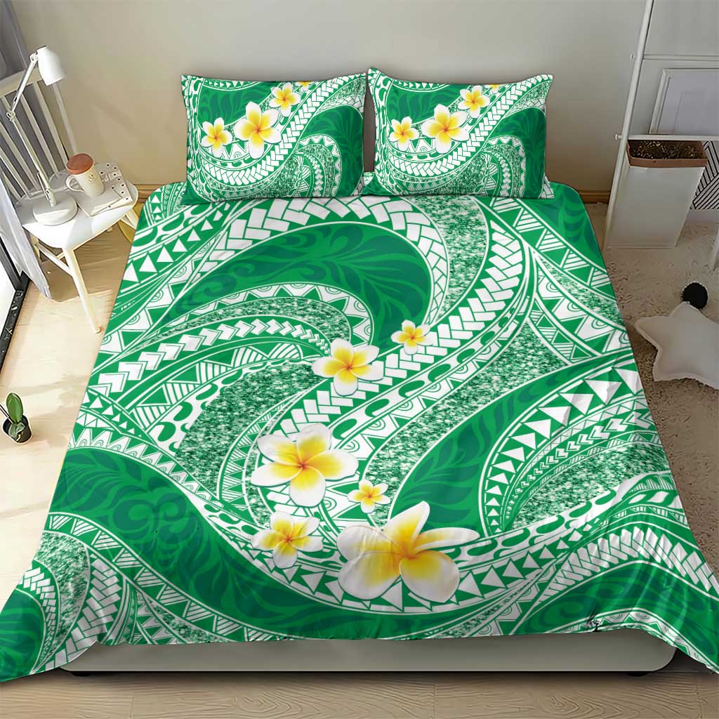 Plumeria Polynesian Green Glitter Pattern Bedding Set