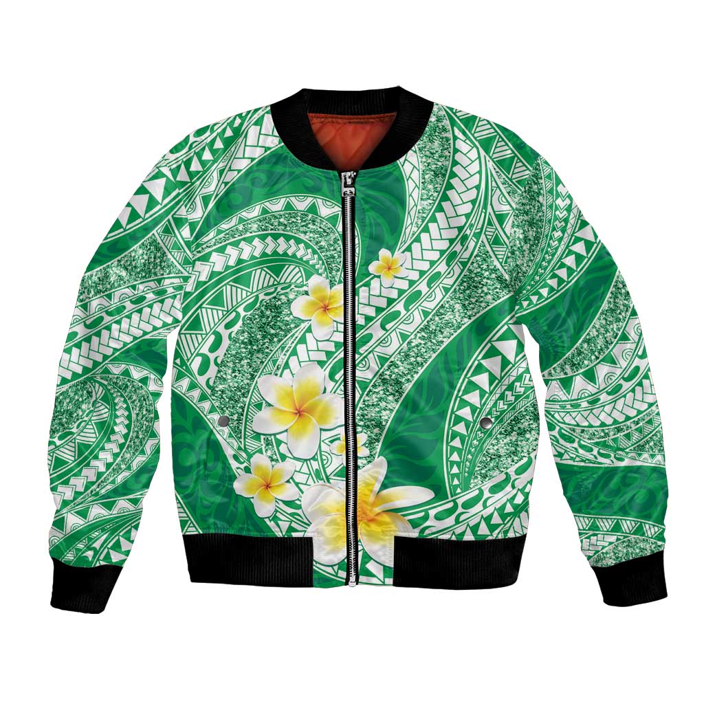 Plumeria Polynesian Green Glitter Pattern Bomber Jacket