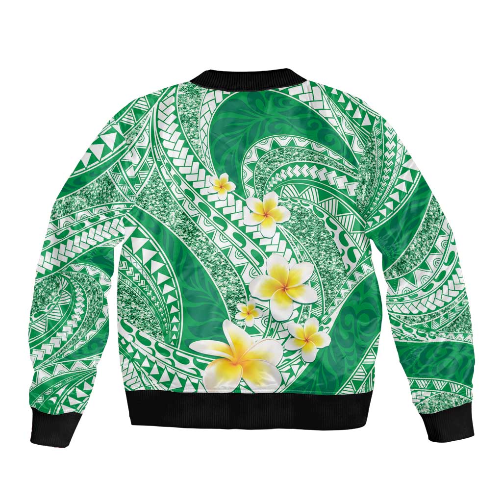 Plumeria Polynesian Green Glitter Pattern Bomber Jacket