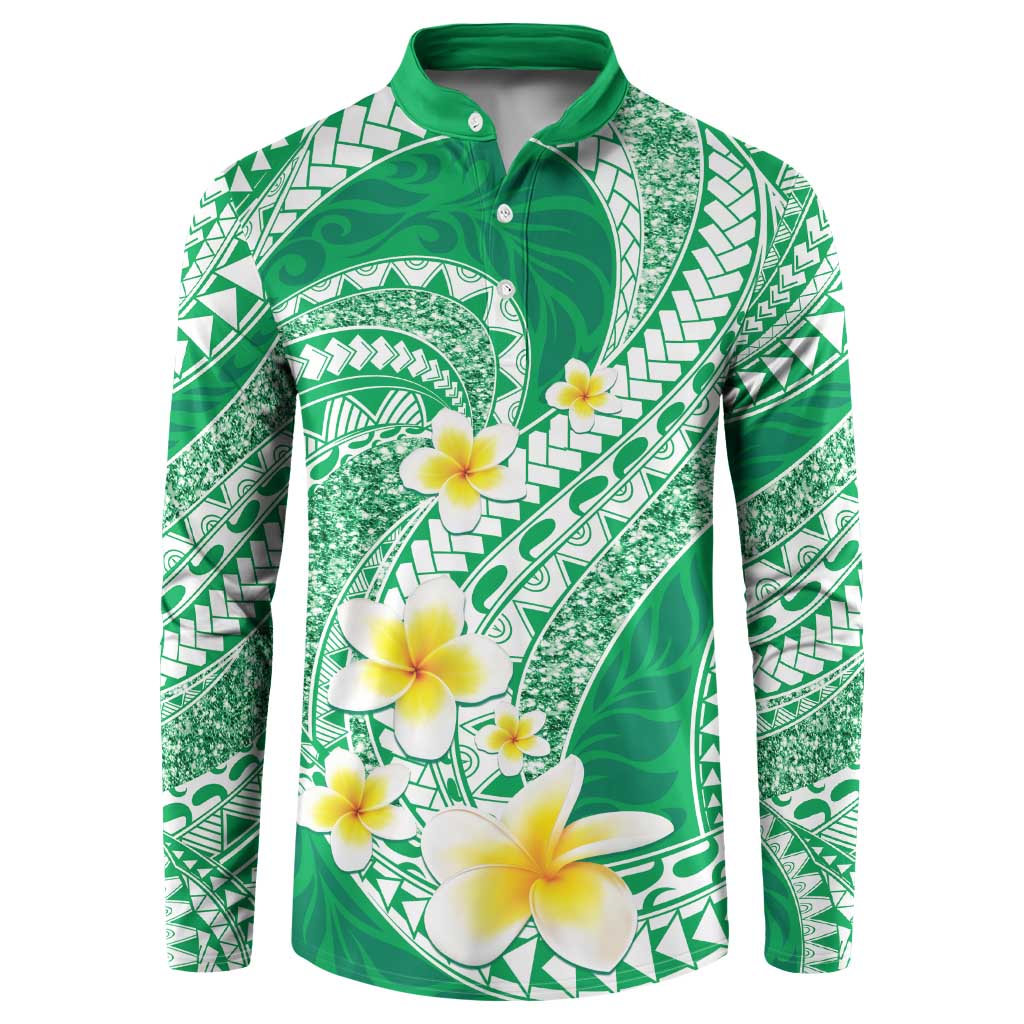 Plumeria Polynesian Green Glitter Pattern Button Sweatshirt LT01 Green - Polynesian Pride