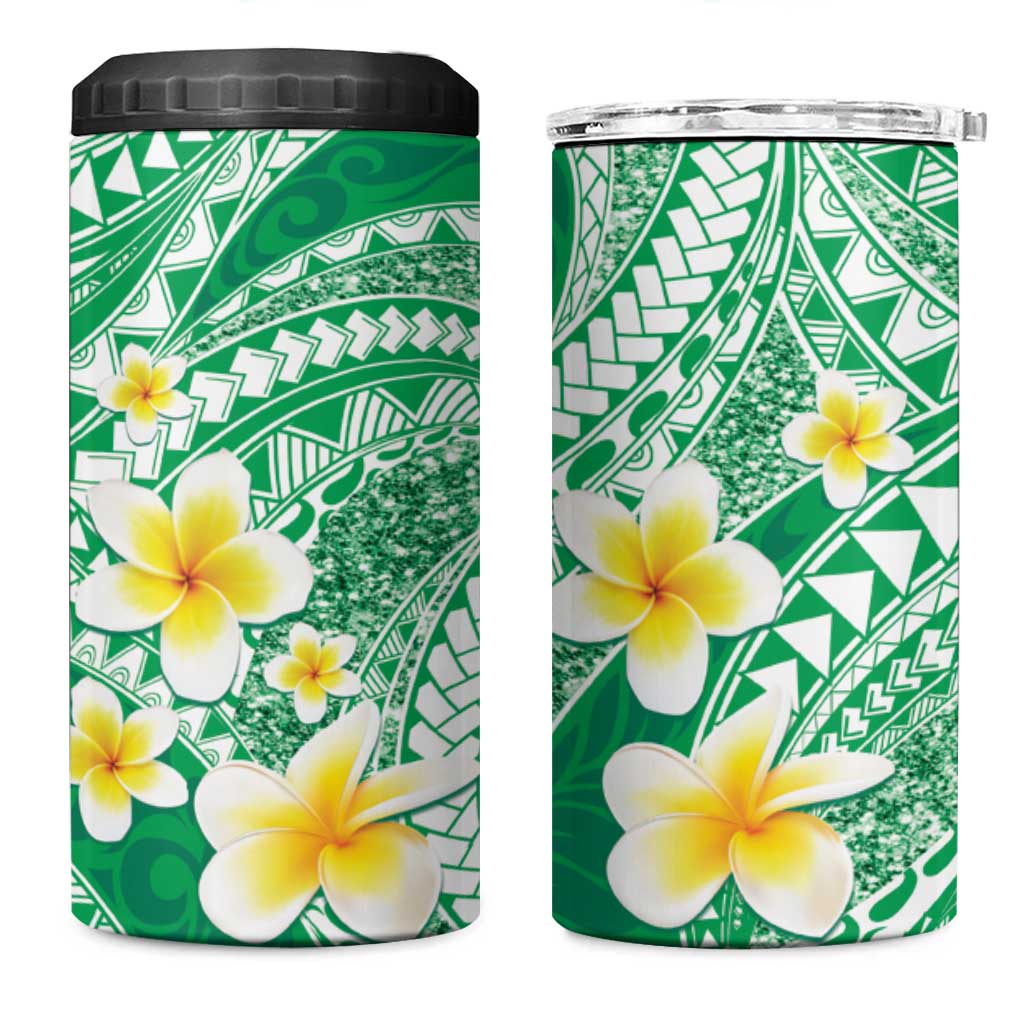 Plumeria Polynesian Green Glitter Pattern 4 in 1 Can Cooler Tumbler LT01 One Size: 16 oz Green - Polynesian Pride