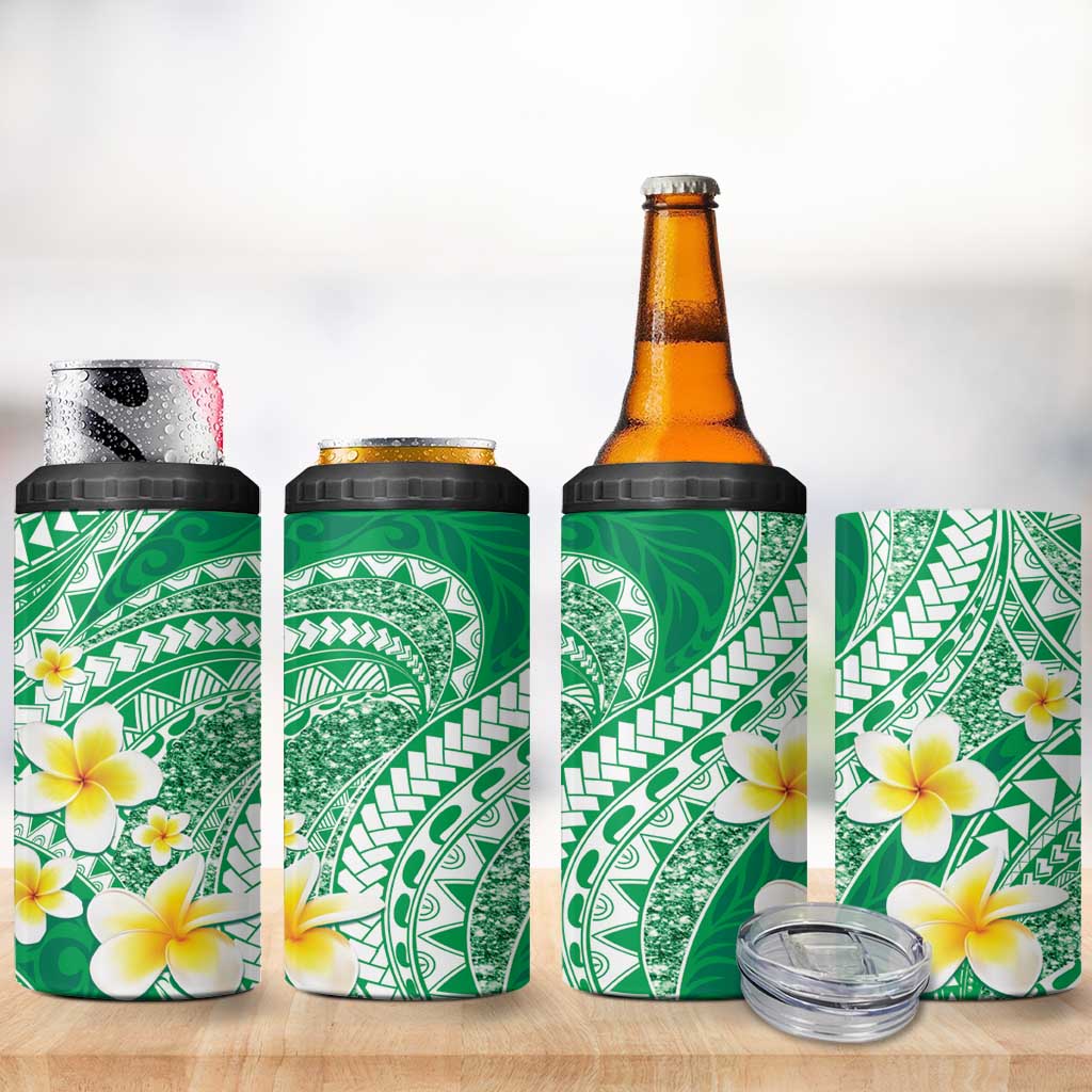 Plumeria Polynesian Green Glitter Pattern 4 in 1 Can Cooler Tumbler LT01 - Polynesian Pride