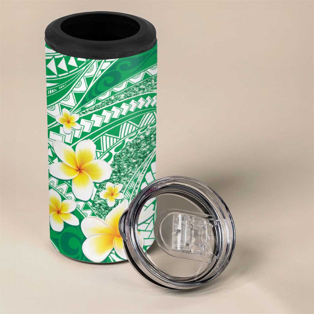Plumeria Polynesian Green Glitter Pattern 4 in 1 Can Cooler Tumbler LT01 - Polynesian Pride