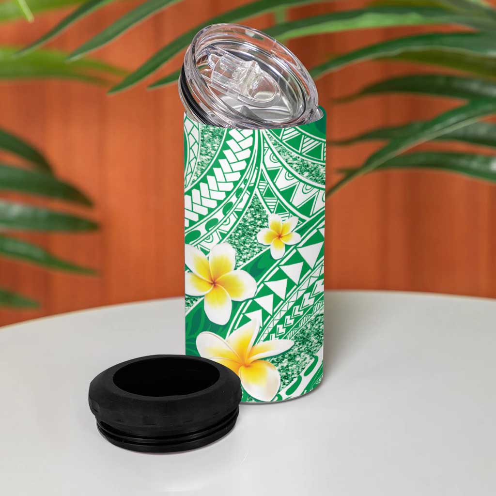 Plumeria Polynesian Green Glitter Pattern 4 in 1 Can Cooler Tumbler LT01 - Polynesian Pride
