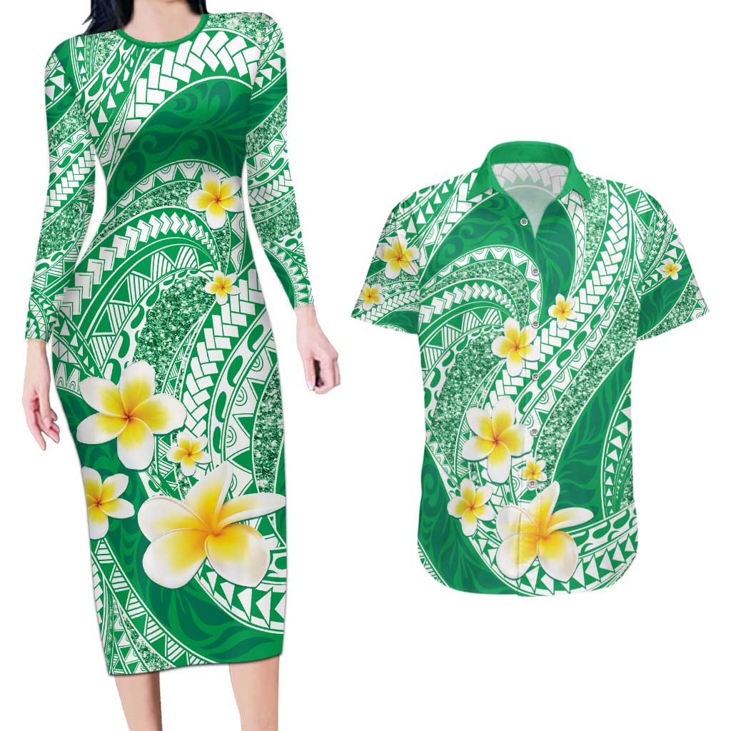 Plumeria Polynesian Green Glitter Pattern Couples Matching Long Sleeve Bodycon Dress and Hawaiian Shirt LT01 Green - Polynesian Pride