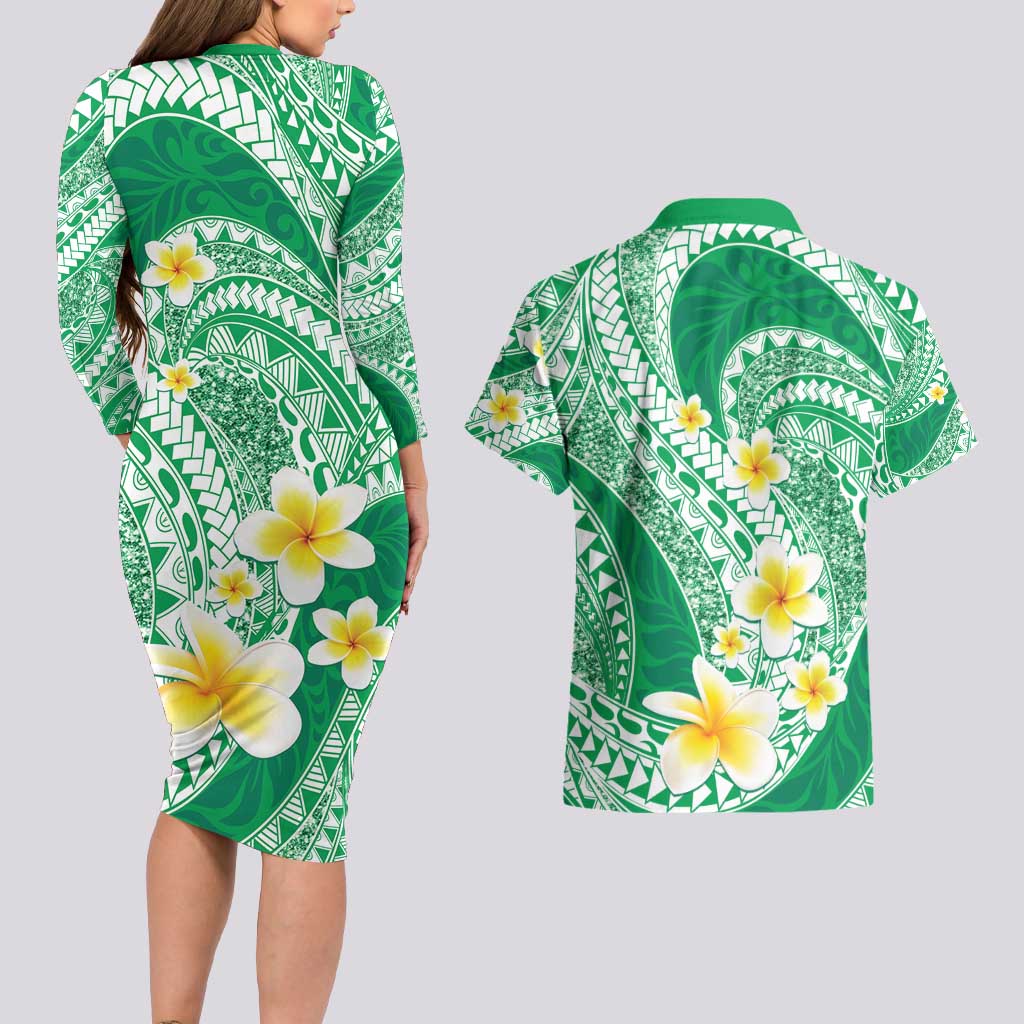 Plumeria Polynesian Green Glitter Pattern Couples Matching Long Sleeve Bodycon Dress and Hawaiian Shirt LT01 - Polynesian Pride