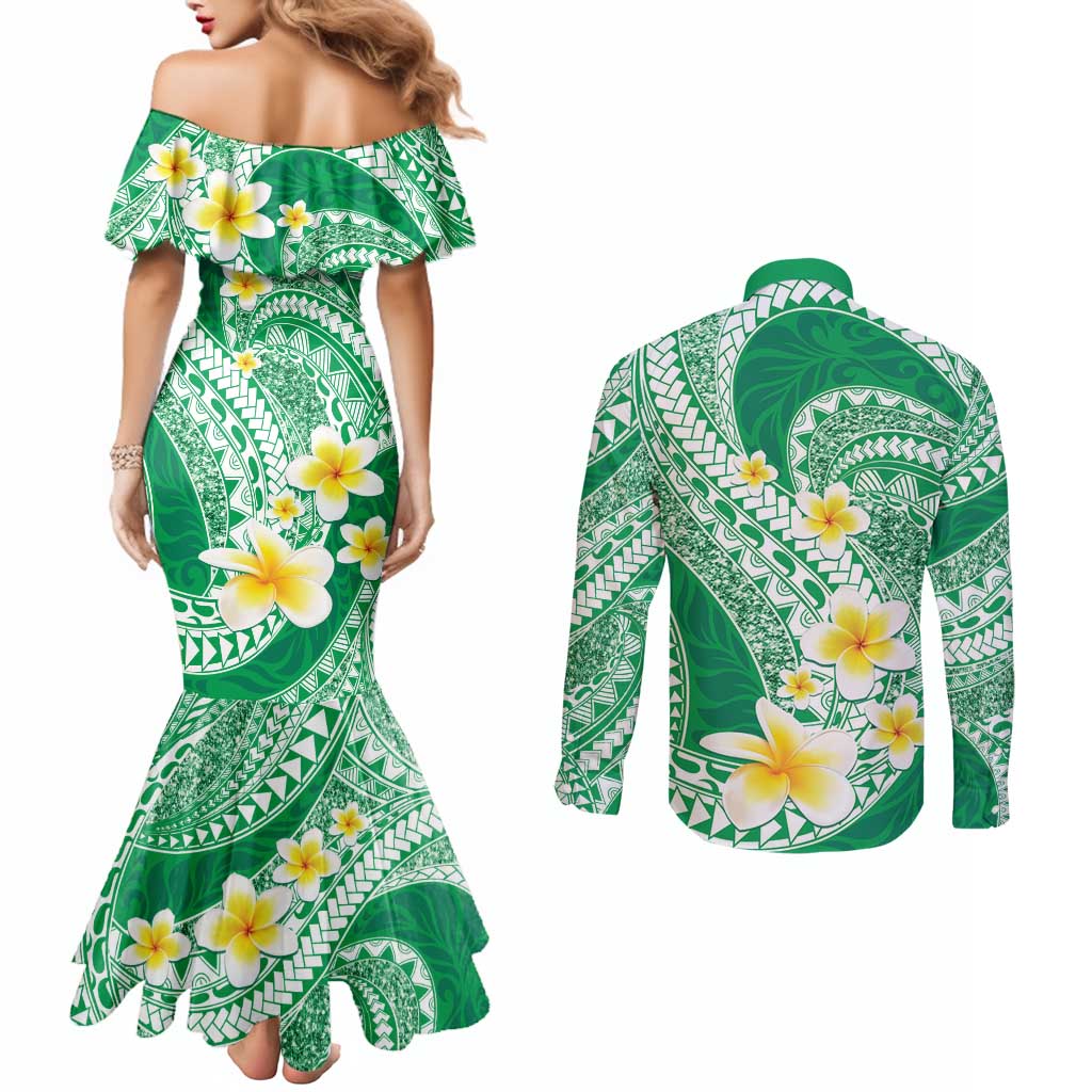 Plumeria Polynesian Green Glitter Pattern Couples Matching Mermaid Dress and Long Sleeve Button Shirt LT01 - Polynesian Pride