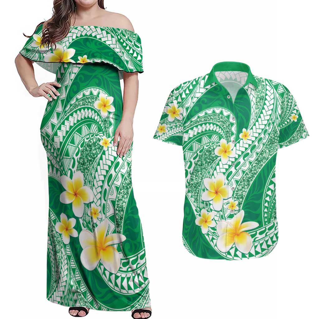 Plumeria Polynesian Green Glitter Pattern Couples Matching Off Shoulder Maxi Dress and Hawaiian Shirt LT01 Green - Polynesian Pride