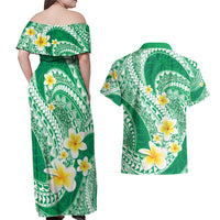 Plumeria Polynesian Green Glitter Pattern Couples Matching Off Shoulder Maxi Dress and Hawaiian Shirt LT01 - Polynesian Pride