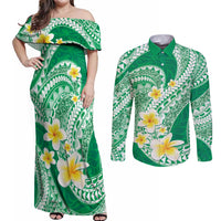 Plumeria Polynesian Green Glitter Pattern Couples Matching Off Shoulder Maxi Dress and Long Sleeve Button Shirt LT01 Green - Polynesian Pride