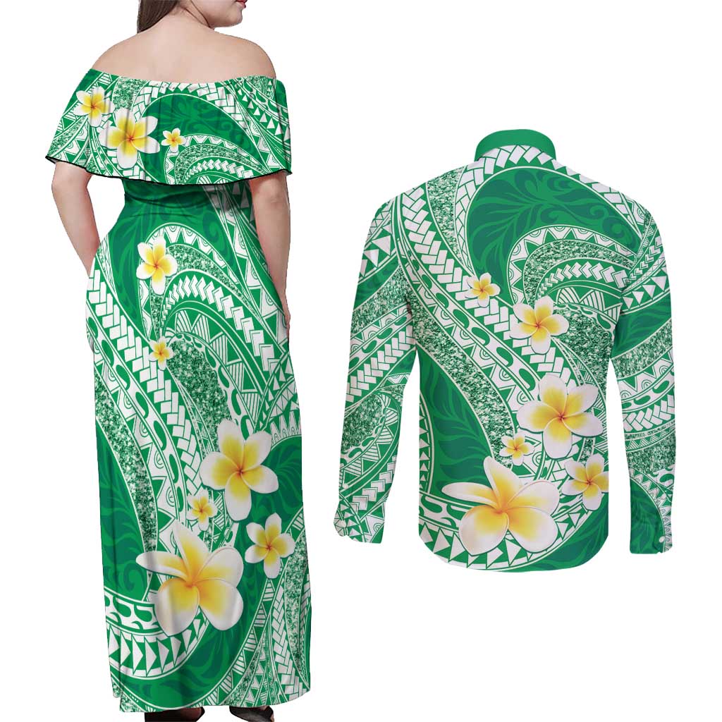 Plumeria Polynesian Green Glitter Pattern Couples Matching Off Shoulder Maxi Dress and Long Sleeve Button Shirt LT01 - Polynesian Pride