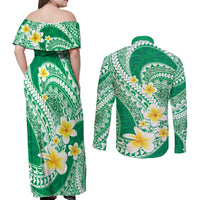 Plumeria Polynesian Green Glitter Pattern Couples Matching Off Shoulder Maxi Dress and Long Sleeve Button Shirt LT01 - Polynesian Pride