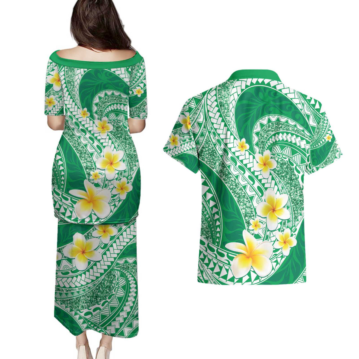 Plumeria Polynesian Green Glitter Pattern Couples Matching Puletasi and Hawaiian Shirt LT01 - Polynesian Pride