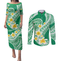 Plumeria Polynesian Green Glitter Pattern Couples Matching Puletasi and Long Sleeve Button Shirt LT01 Green - Polynesian Pride