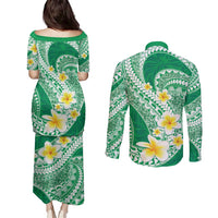 Plumeria Polynesian Green Glitter Pattern Couples Matching Puletasi and Long Sleeve Button Shirt LT01 - Polynesian Pride
