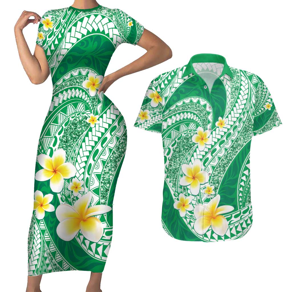 Plumeria Polynesian Green Glitter Pattern Couples Matching Short Sleeve Bodycon Dress and Hawaiian Shirt LT01 Green - Polynesian Pride