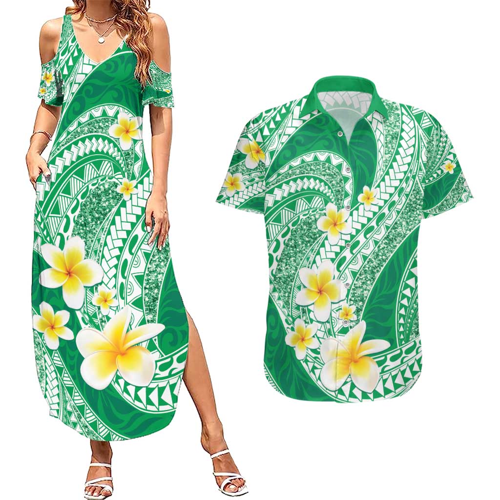 Plumeria Polynesian Green Glitter Pattern Couples Matching Summer Maxi Dress and Hawaiian Shirt LT01 Green - Polynesian Pride