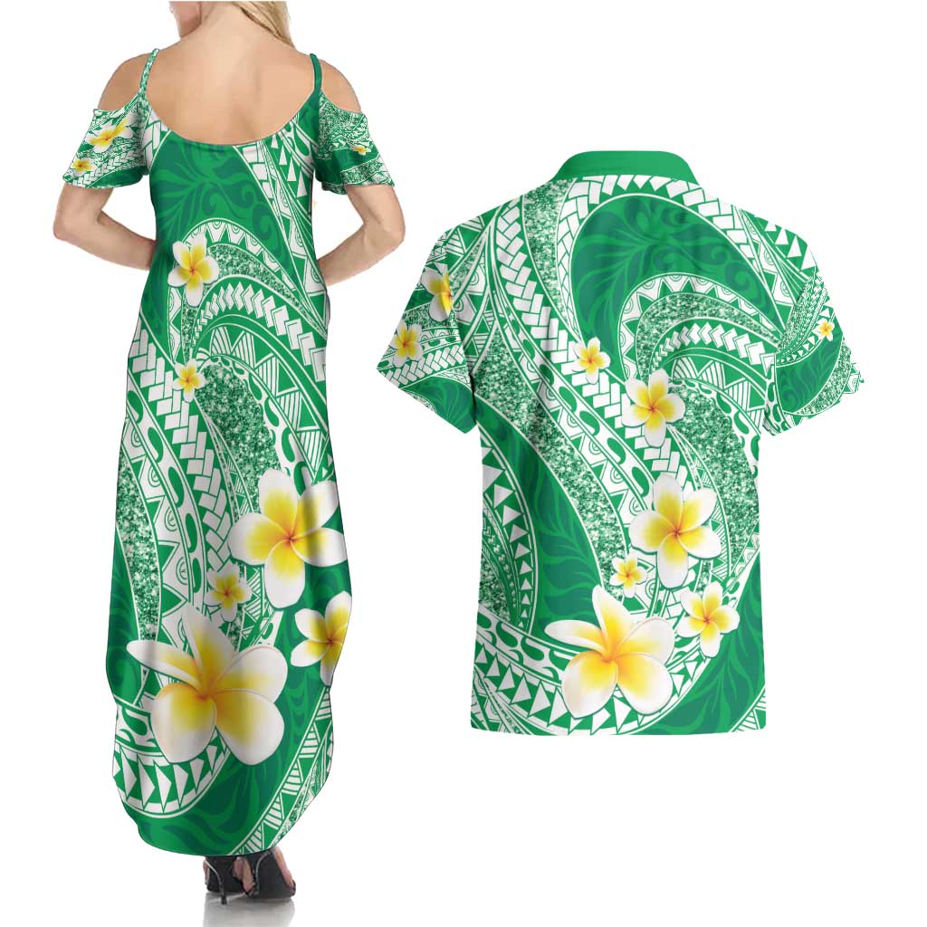 Plumeria Polynesian Green Glitter Pattern Couples Matching Summer Maxi Dress and Hawaiian Shirt LT01 - Polynesian Pride