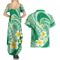 Plumeria Polynesian Green Glitter Pattern Couples Matching Summer Maxi Dress and Hawaiian Shirt LT01 - Polynesian Pride
