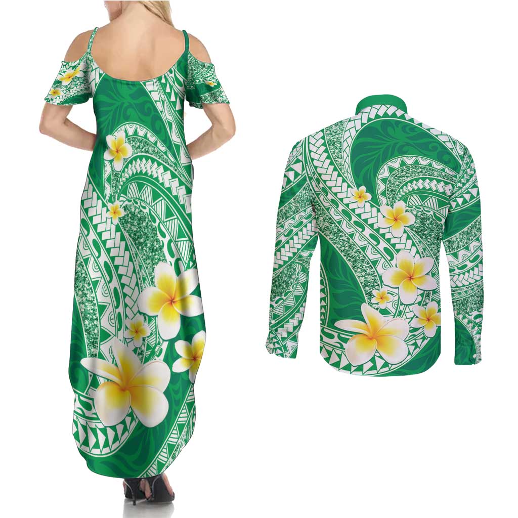 Plumeria Polynesian Green Glitter Pattern Couples Matching Summer Maxi Dress and Long Sleeve Button Shirt LT01 - Polynesian Pride