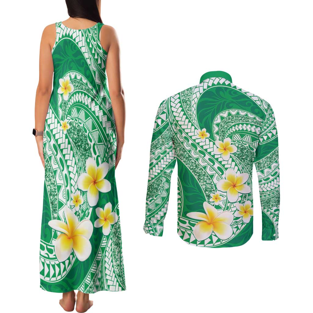 Plumeria Polynesian Green Glitter Pattern Couples Matching Tank Maxi Dress and Long Sleeve Button Shirt LT01 - Polynesian Pride
