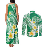 Plumeria Polynesian Green Glitter Pattern Couples Matching Tank Maxi Dress and Long Sleeve Button Shirt LT01 - Polynesian Pride