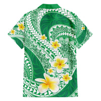 Plumeria Polynesian Green Glitter Pattern Family Matching Off The Shoulder Long Sleeve Dress and Hawaiian Shirt