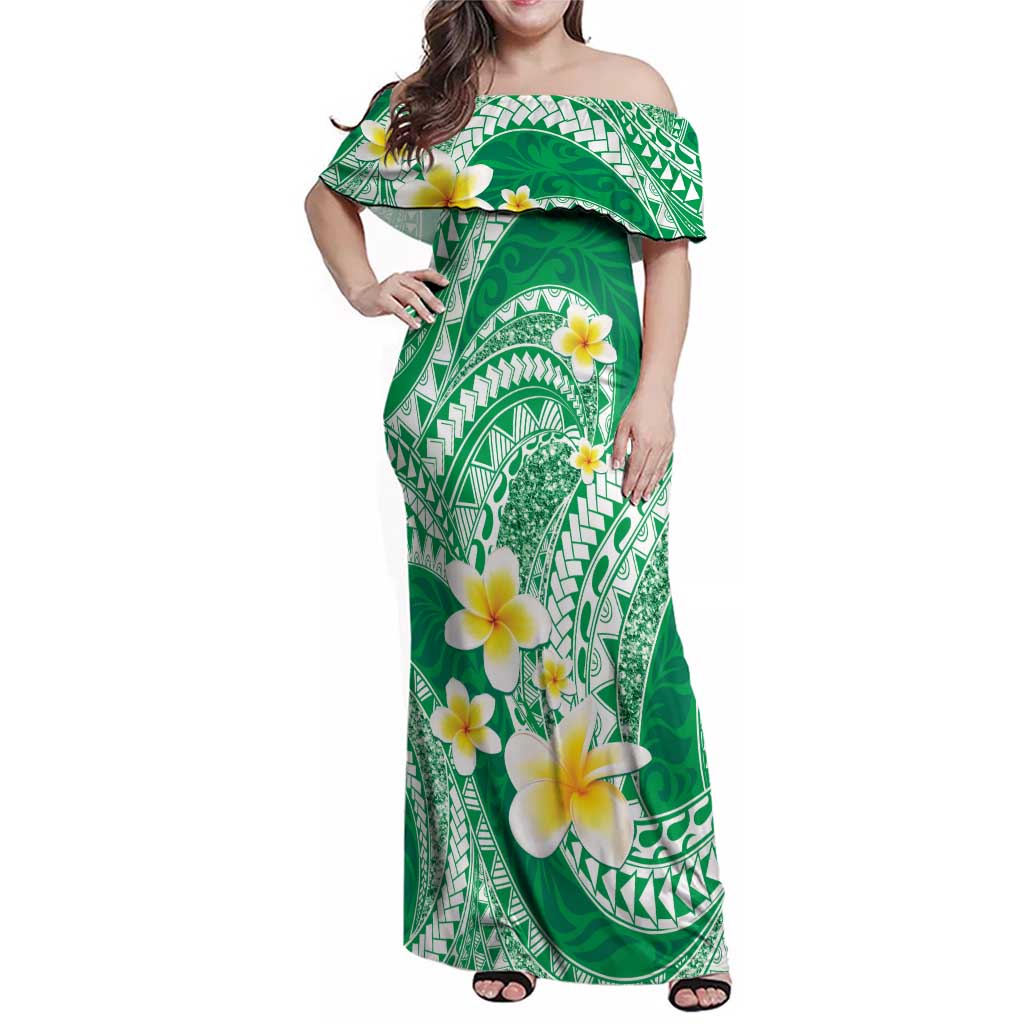 Plumeria Polynesian Green Glitter Pattern Family Matching Off Shoulder Maxi Dress and Hawaiian Shirt LT01 Mom's Dress Green - Polynesian Pride