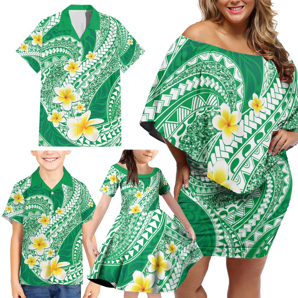 Plumeria Polynesian Green Glitter Pattern Family Matching Off Shoulder Short Dress and Hawaiian Shirt LT01 - Polynesian Pride