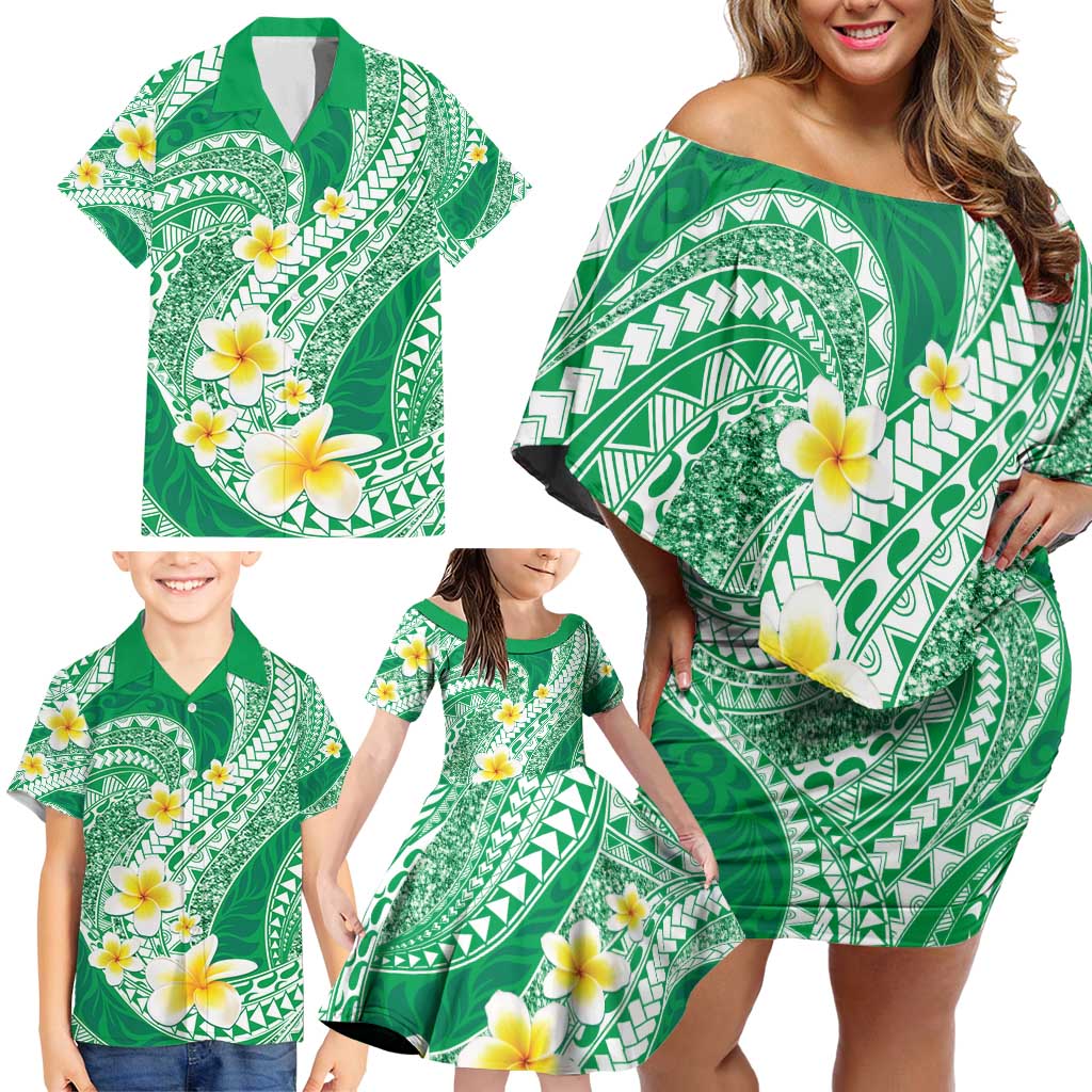 Plumeria Polynesian Green Glitter Pattern Family Matching Off Shoulder Short Dress and Hawaiian Shirt