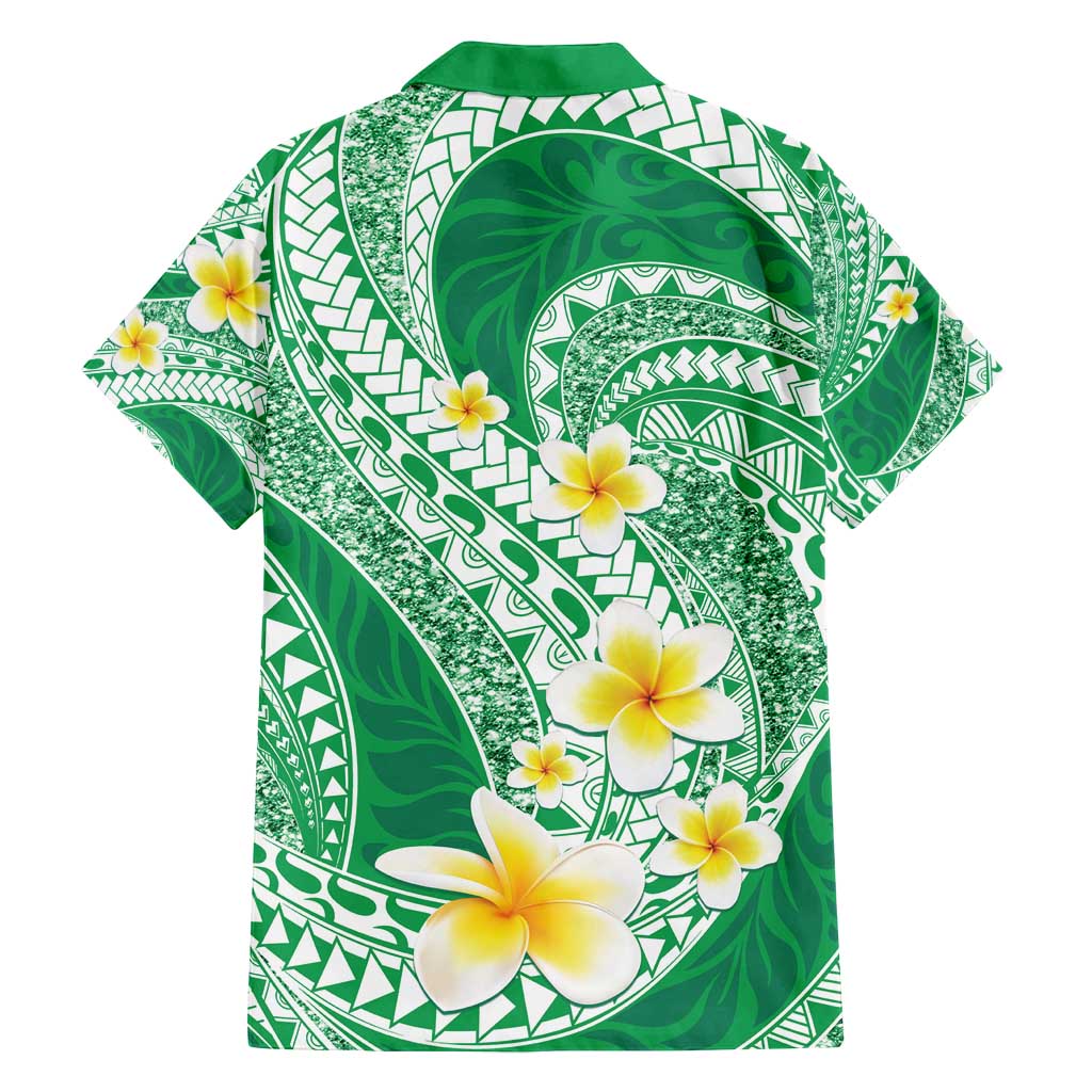 Plumeria Polynesian Green Glitter Pattern Family Matching Off Shoulder Short Dress and Hawaiian Shirt LT01 - Polynesian Pride