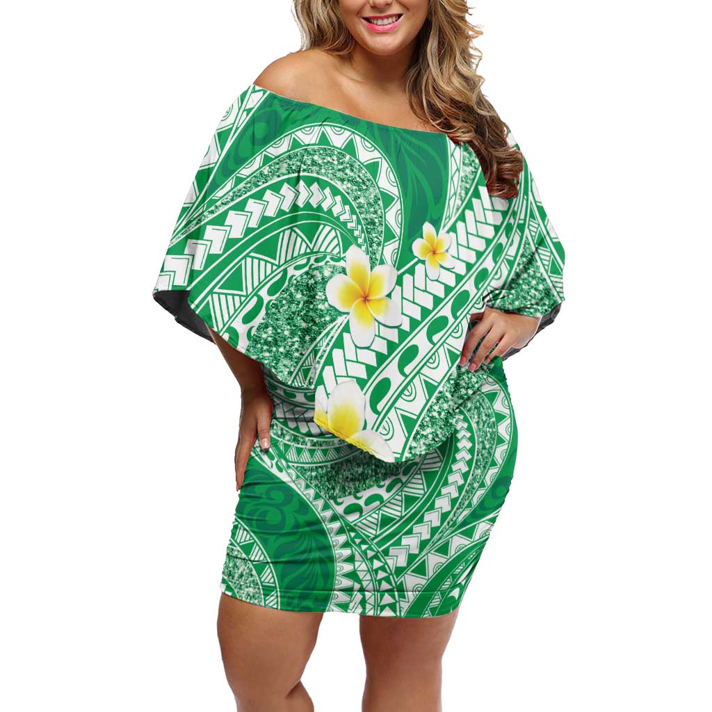 Plumeria Polynesian Green Glitter Pattern Family Matching Off Shoulder Short Dress and Hawaiian Shirt LT01 Mom's Dress Green - Polynesian Pride