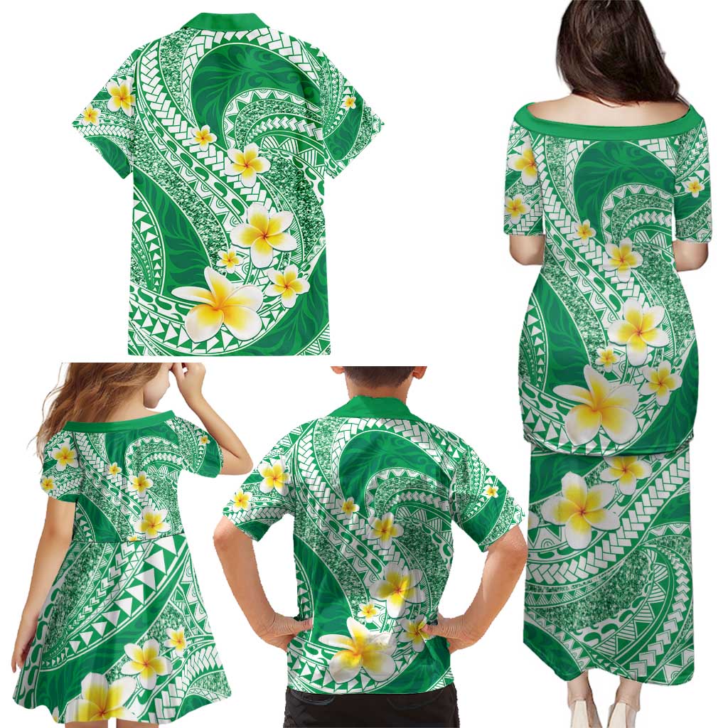 Plumeria Polynesian Green Glitter Pattern Family Matching Puletasi and Hawaiian Shirt LT01 - Polynesian Pride