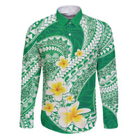 Plumeria Polynesian Green Glitter Pattern Family Matching Puletasi and Hawaiian Shirt LT01 Dad's Shirt - Long Sleeve Green - Polynesian Pride