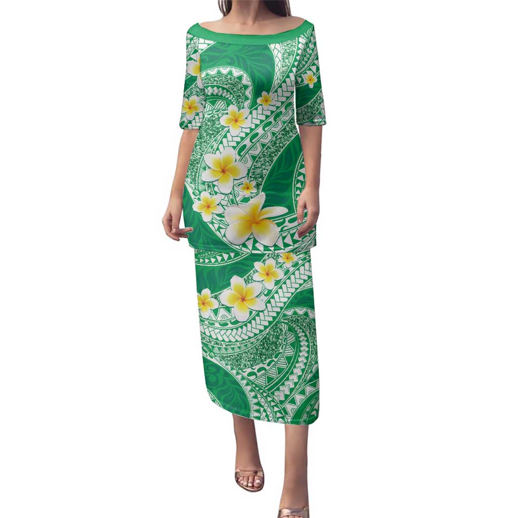 Plumeria Polynesian Green Glitter Pattern Family Matching Puletasi and Hawaiian Shirt LT01 Mom's Dress Green - Polynesian Pride
