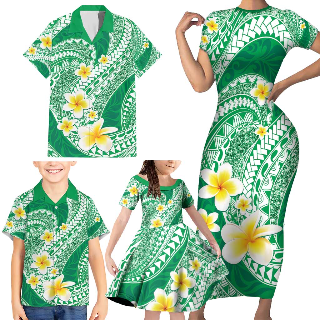 Plumeria Polynesian Green Glitter Pattern Family Matching Short Sleeve Bodycon Dress and Hawaiian Shirt